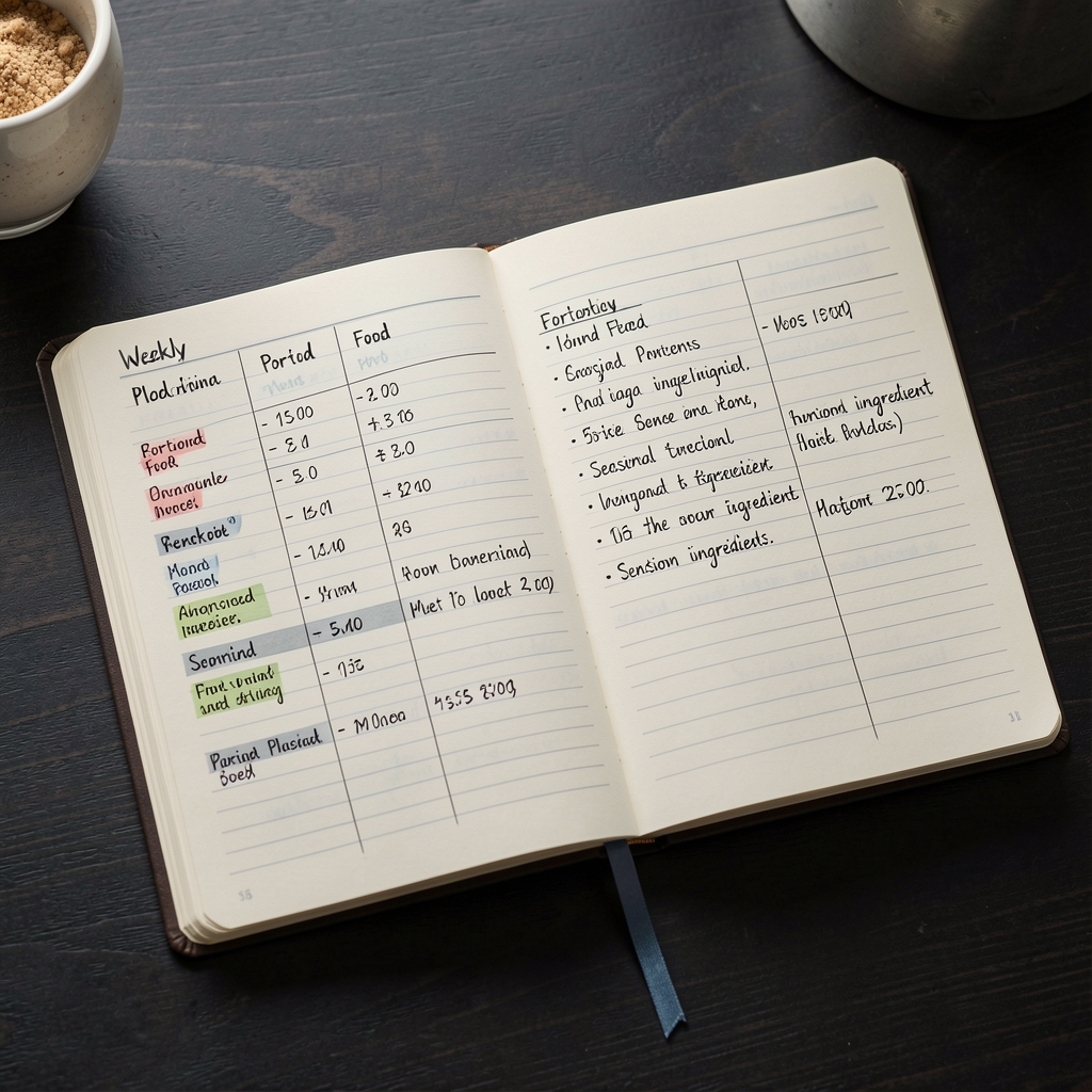 Open meal planning notebook with handwritten weekly food schedule, portion measurements and seasonal ingredient notes on a dark table