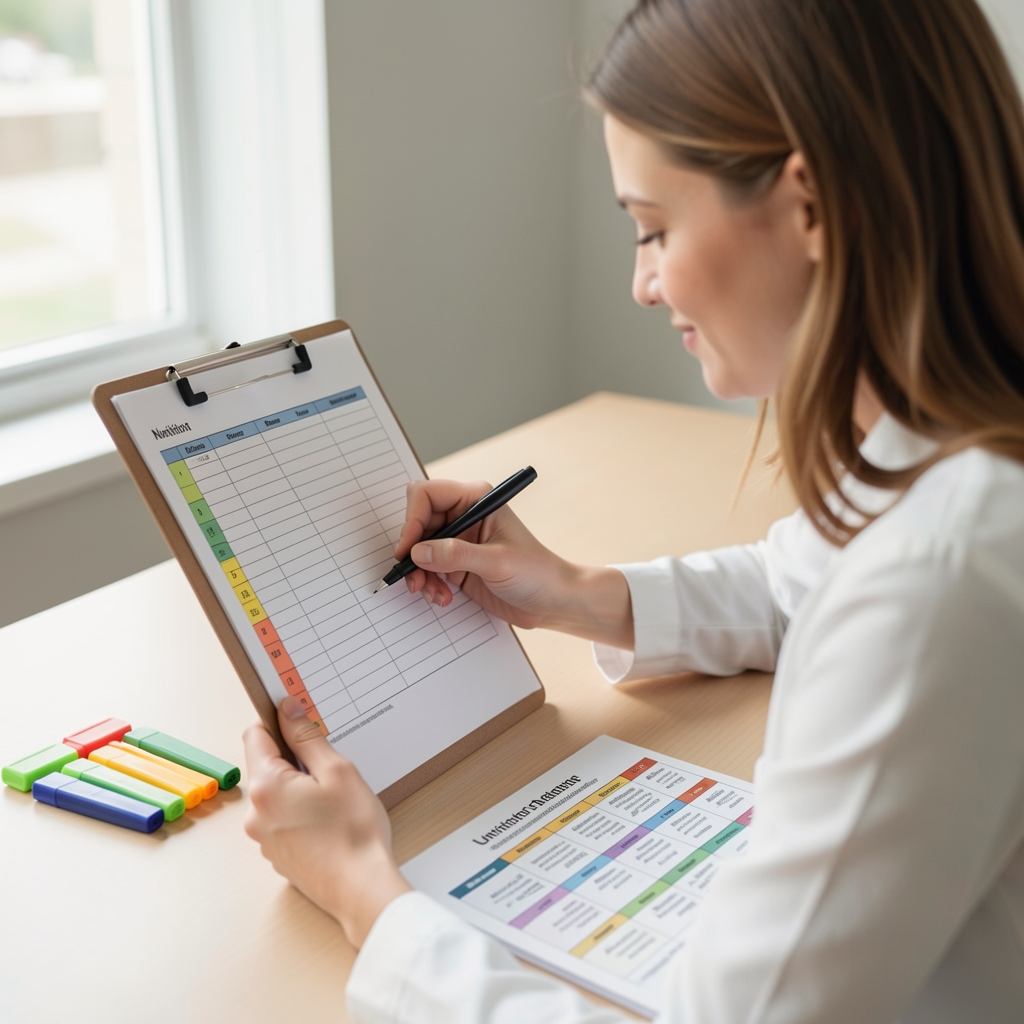 Nutritionist reviewing a printed seven-day food diary on a clipboard, with coloured highlighters and a reference chart visible on the desk