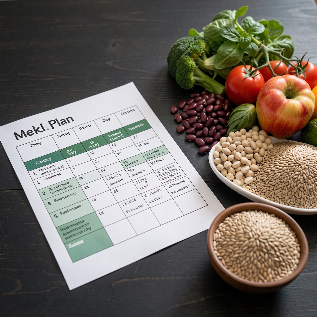 Printed weekly meal plan on a dark table next to organised piles of fresh vegetables, legumes, and grains sorted by day
